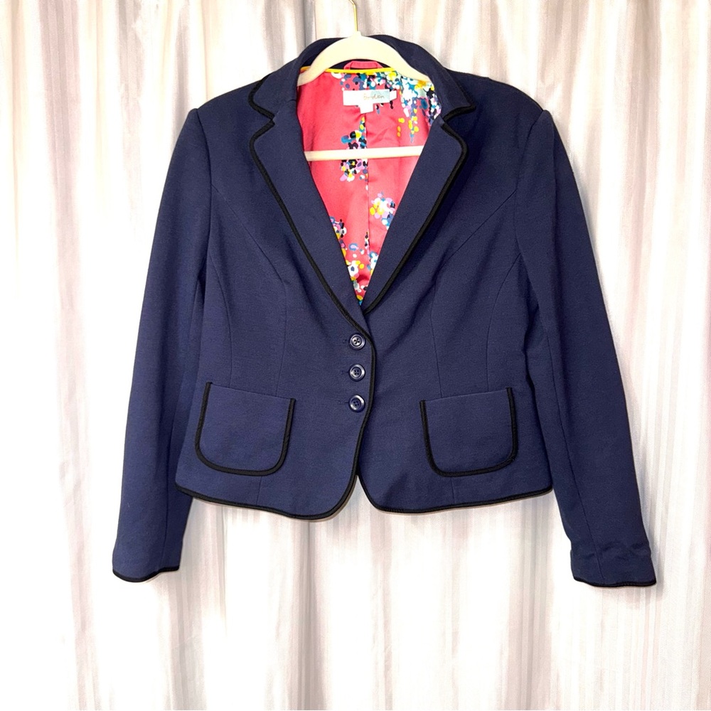 Boden Dark Blue fully lined Blazer with Floral Lining and black piping size 12R